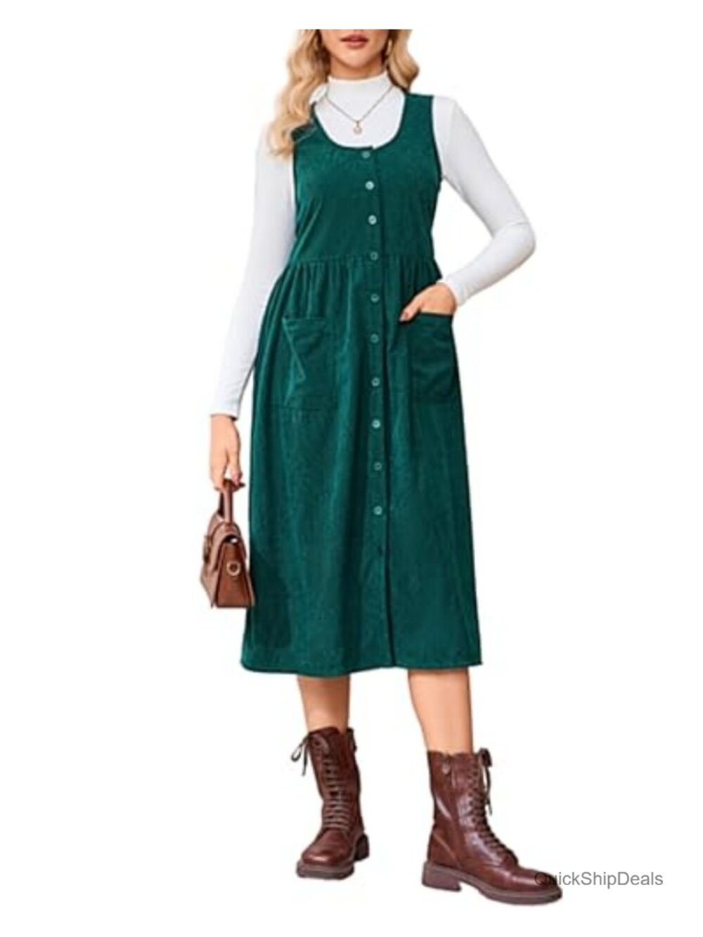 Corduroy Overall Midi Dress Sleeveless Fall Winter Tank Dress with Belt &